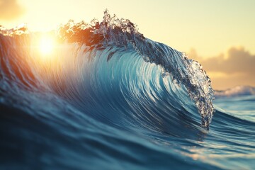 Poster - Waves crashing under the warm glow of a sunset in a serene coastal landscape