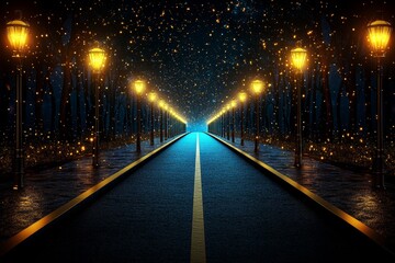Leinwandbilder - Dark background, golden light particles floating in the air, blurred city lights on both sides, panoramic view, depth of field effect, mysterious atmosphere, fantasy style. High-definition photography