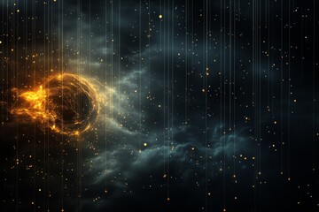 Leinwandbilder - Dark background, golden light particles floating in the air, blurred city lights on both sides, panoramic view, depth of field effect, mysterious atmosphere, fantasy style. High-definition photography