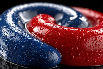 Aufkleber - Colorful twisted shapes with droplets captured in a close-up setting showcasing vibrant red and blue colors