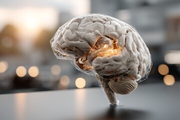 Fototapete - Artistic representation of a brain with glowing neural connections in a modern setting during sunset