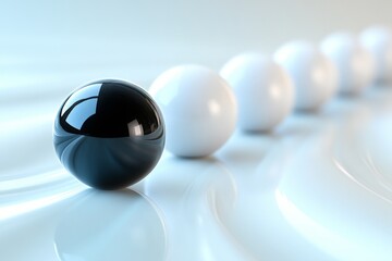 Aufkleber - Black and white spheres arranged in a line on a smooth, curved surface in a minimalist setting