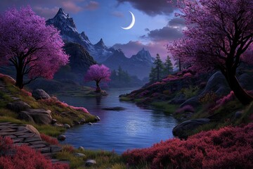 Poster - The ethereal and dreamy style of the game's CG background scene features a lake in the foreground, with pink grass on both sides, distant mountains covered by clouds, and the moon shining above.