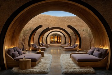 Leinwandbilder - The floor features a fluffy carpet with wooden side tables beside them. The walls have a light beige color, and there's a window at one end that reveals part of another room. The style is minimalistic