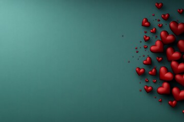 Poster - Valentine's Day background with red hearts on a light blue background, heart-shaped confetti falling from the center of the frame, white space in the middle for text or a logo, digital art style,