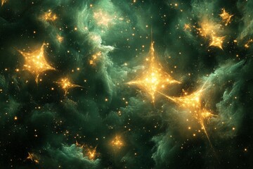 Aufkleber - Stunning cosmic view of glowing stars in a green galaxy filled with swirling clouds and distant light