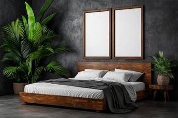 Poster - White poster frame mockup on a wall in a bedroom with light gray walls, a Scandinavian-style bed, and soft blankets