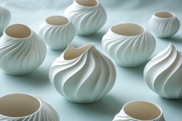 Leinwandbilder - Unique white ceramic vessels arranged artistically on a soft blue background for display or decoration