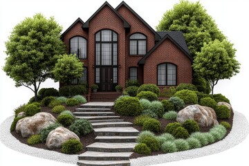 Wall Mural - a 2D cartoon illustration of a classic red brick house with a garden, cozy and traditional, white background