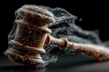Poster - Digital representation of a gavel symbolizing justice and law in a futuristic setting with abstract elements