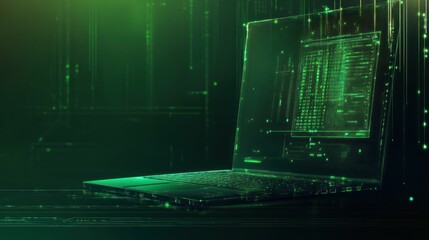 Futuristic laptop with glowing green code