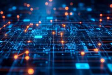 Poster - Digital circuit board design showcasing intricate patterns and glowing connections at night