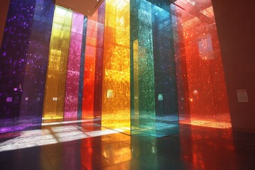 Aufkleber - Colorful light reflections create a vibrant atmosphere in an art installation with glass panels during daylight