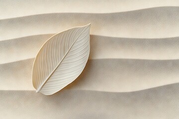 Poster - Unique leaf resting on smooth sand surface with gentle wave patterns in natural light