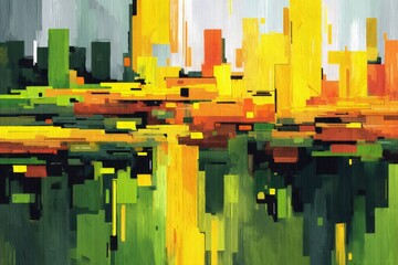 Poster - Colorful abstract landscape reflecting vibrant hues in a dynamic urban environment during daylight