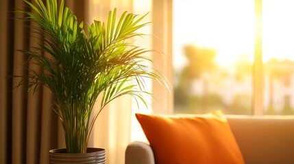 Poster - Modern living room showcases a beige sofa adorned with orange cushions, complemented by a large potted plant and gentle daylight streaming through a window