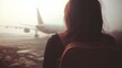 © asayenka - Solo traveler observing airplane on misty runway at sunrise