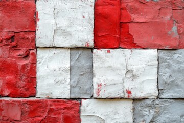 Fototapete - Colorful wall featuring red, white, and gray blocks with a textured finish in an urban setting during daylight
