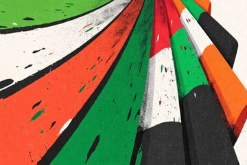 Aufkleber - Vibrant abstract design featuring orange, green, and black stripes showcasing dynamic movement against a light background