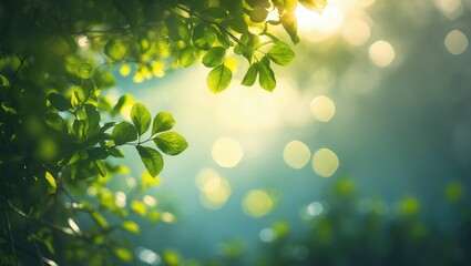 Wall Mural - Fresh green leaves bokeh on nature abstract blur background from tree for social media advertisement mockup and banner display