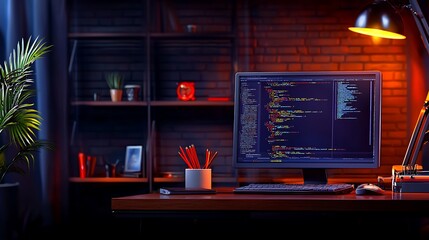 Coding screen on desk, lit by a lamp. Dark background. Pencils in a mug. Relaxed work space