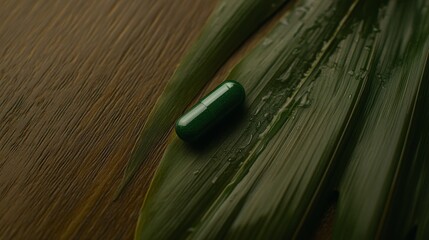 Poster - A green capsule sits atop a moisture-laden leaf on a wooden surface, illuminated by soft natural light, creating an inviting and harmonious nature scene