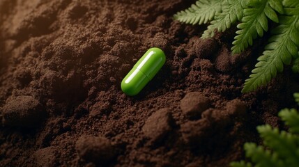 Poster - Close-up view of a transparent green capsule resting on a large fern leaf over moist soil, warmly lit by soft morning light with ample space for text