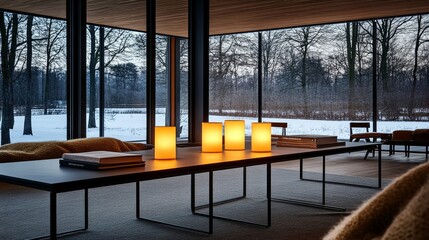 Aufkleber - Glowing candles illuminate a sleek coffee table surrounded by soft blankets and books, creating a warm atmosphere in a modern living room with frosted windows