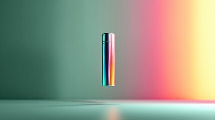 Poster - Rainbow-colored Inhaler Floats Effortlessly Against a Soft Mint Background Illuminated by Gentle Light