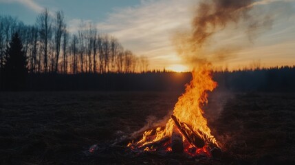 Poster - A controlled fire burns brightly in a forest clearing, sending smoke upwards while golden sunlight filters through the trees in the evening
