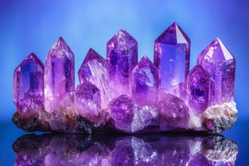 Aufkleber - Majestic amethyst crystal cluster showcasing vibrant purple hues against a stunning blue backdrop