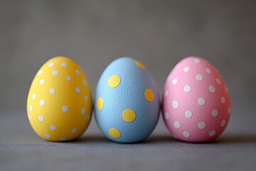 Poster - Colorful decorative Easter eggs in bright yellow, blue, and pink with playful polka dots on a neutral background