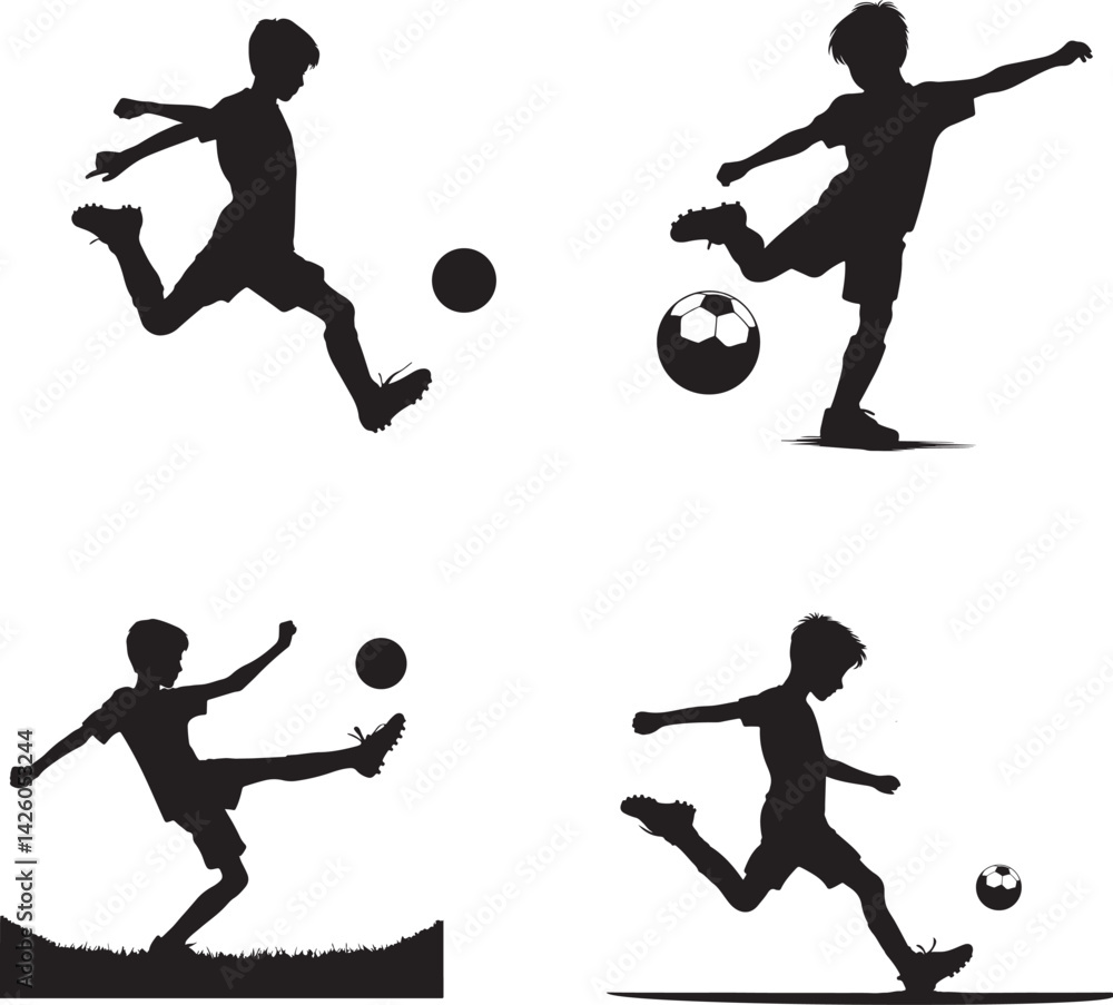 Boy Kicking Football Silhouette Vector – Editable Sport Icon on White ...