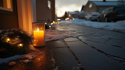 Aufkleber - A snowy porch features a single evergreen wreath and glowing fairy lights, enhanced by a warm lantern, creating a cozy atmosphere on a winter evening