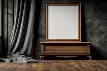 Poster - A blank white poster mockup in an oak frame, leaning against the wall on top of a wooden sideboard, with natural light coming from the window on the left side, showcasing the clean and simple