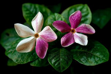 Poster - Beautifully vibrant pink and white flowers blooming among lush green leaves in a natural setting