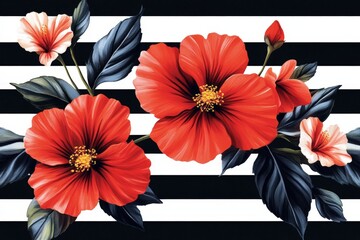 Aufkleber - Bright red hibiscus flowers arranged against bold black and white stripes create a striking visual design