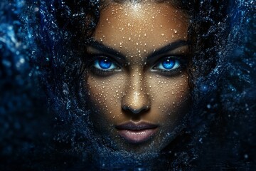 Fototapete - A close-up portrait of an attractive woman with blue eyes, standing underwater in the sea, with splashes and drops on her face. The style is hyper-realistic, with high detail, studio lighting,