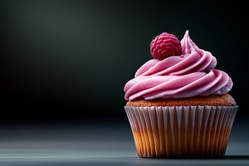 Aufkleber - A cupcake with pink frosting and raspberries on top, centered against a white background, in a photorealistic style, high resolution. The cupcake is in the foreground of the image, with its