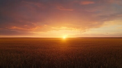 Poster - A breathtaking sunset bathes a wide open field in golden light, with vibrant orange and pink clouds creating a dramatic backdrop, perfect for reflections and inspiration