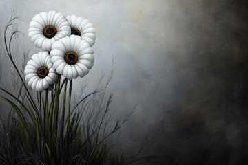 Poster - A delicate painting of white flowers in soft focus, with gentle brushstrokes and a muted color palette. The background is a light gray gradient that creates an ethereal atmosphere. In the foreground,