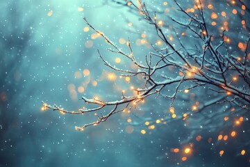 Aufkleber - Snowy branches adorned with glowing lights create a serene winter wonderland atmosphere at dusk