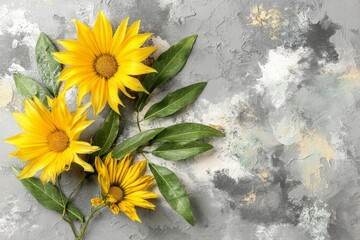 Aufkleber - Sunflowers with green leaves arranged artistically on a textured gray background, showcasing vibrant colors and natural beauty