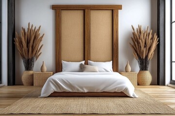 Poster - A light wooden frame mockup on the wall of an elegant bedroom with white walls, a white linen bed, and beige wicker furniture