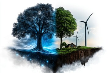 Poster - A minimalist watercolor illustration of an eco-friendly village with wind turbines and greenery, set against a white background for use as clipart on the right side. The design is simple yet