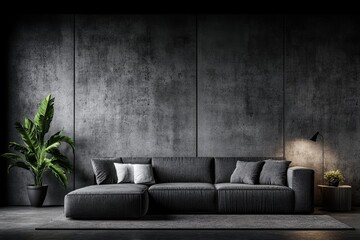 Leinwandbilder - A modern living room with a sofa, side table, and potted plant in front of the wall. The walls have a light gray color, and there is a carpet on the floor. A gray fabric couch is placed against