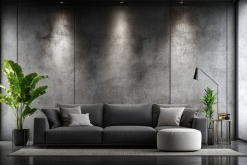 Leinwandbilder - A modern living room with a sofa, side table, and potted plant in front of the wall. The walls have a light gray color, and there is a carpet on the floor. A gray fabric couch is placed against