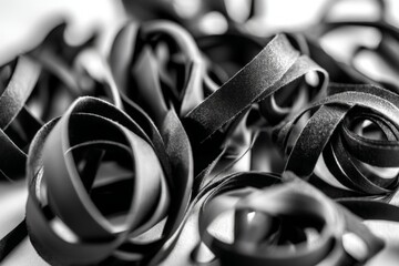 Fototapete - Black ribbon curls arranged artistically on a textured surface in soft lighting capturing a creative workspace atmosphere