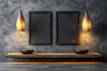 Aufkleber - A pair of blank picture frames on the wall, simple black frames with a white background. The room is minimalistic and modern in style, with concrete floors and wooden shelves. A sleek lamp hangs
