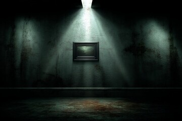 Poster - Dark gallery with a single framed artwork illuminated by a spotlight in an abandoned space during nighttime